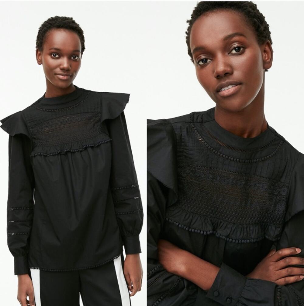 J.Crew Crocheted Lace Ruffle Top Blouse Black Cotton Long Sleeve NWT Size XS